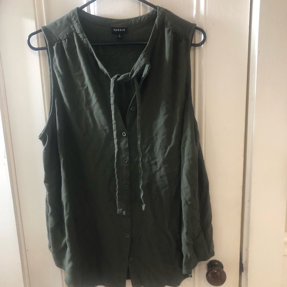 Torrid Olive Green Button-Up Blouse with Tie